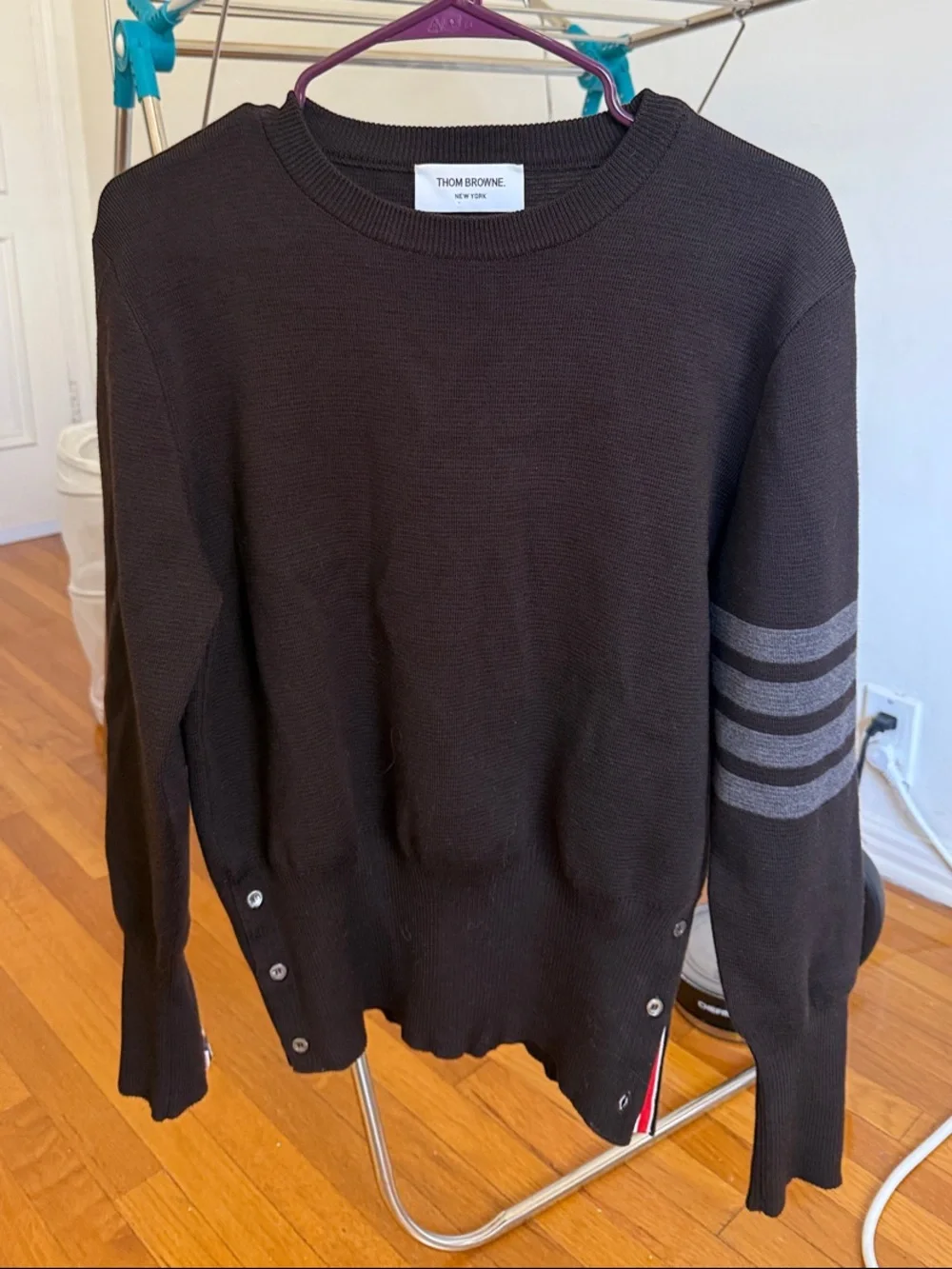 Thom Browne Dark Brown Crewneck Sweater with Grey Sleeve Stripes